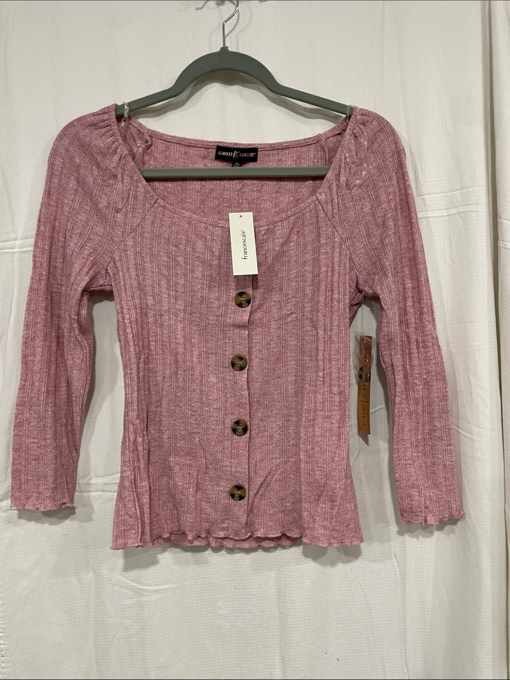 Almost Famous Dusty Rose Ribbed Button-Front Scoop Neck Top